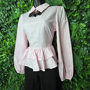 TOPS Women Medium Pink Hi Low Hem Layered Peplum Long Sleeve SAN JOY 0647